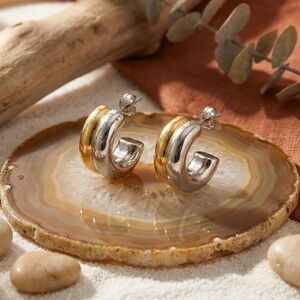 18K Gold Plated Two Tone Chunky Hoops Mixed Metal Stainless Steel Modern Earring